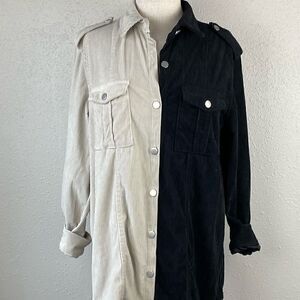 NWTO Jeans Womens Corduroy Half Cream and Half Black Long Sleeve Button Down L